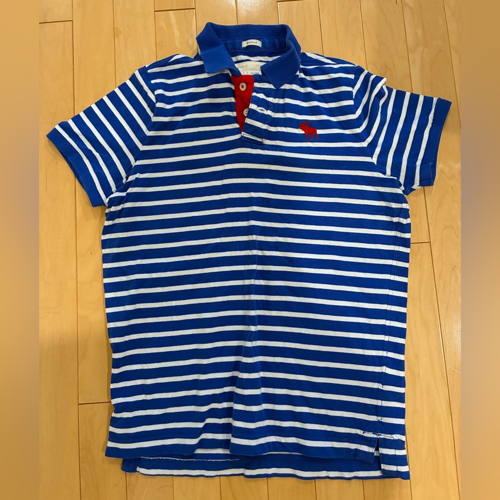 Vintage Abercrombie & Fitch Men’s Blue and White Striped Polo Shirt
